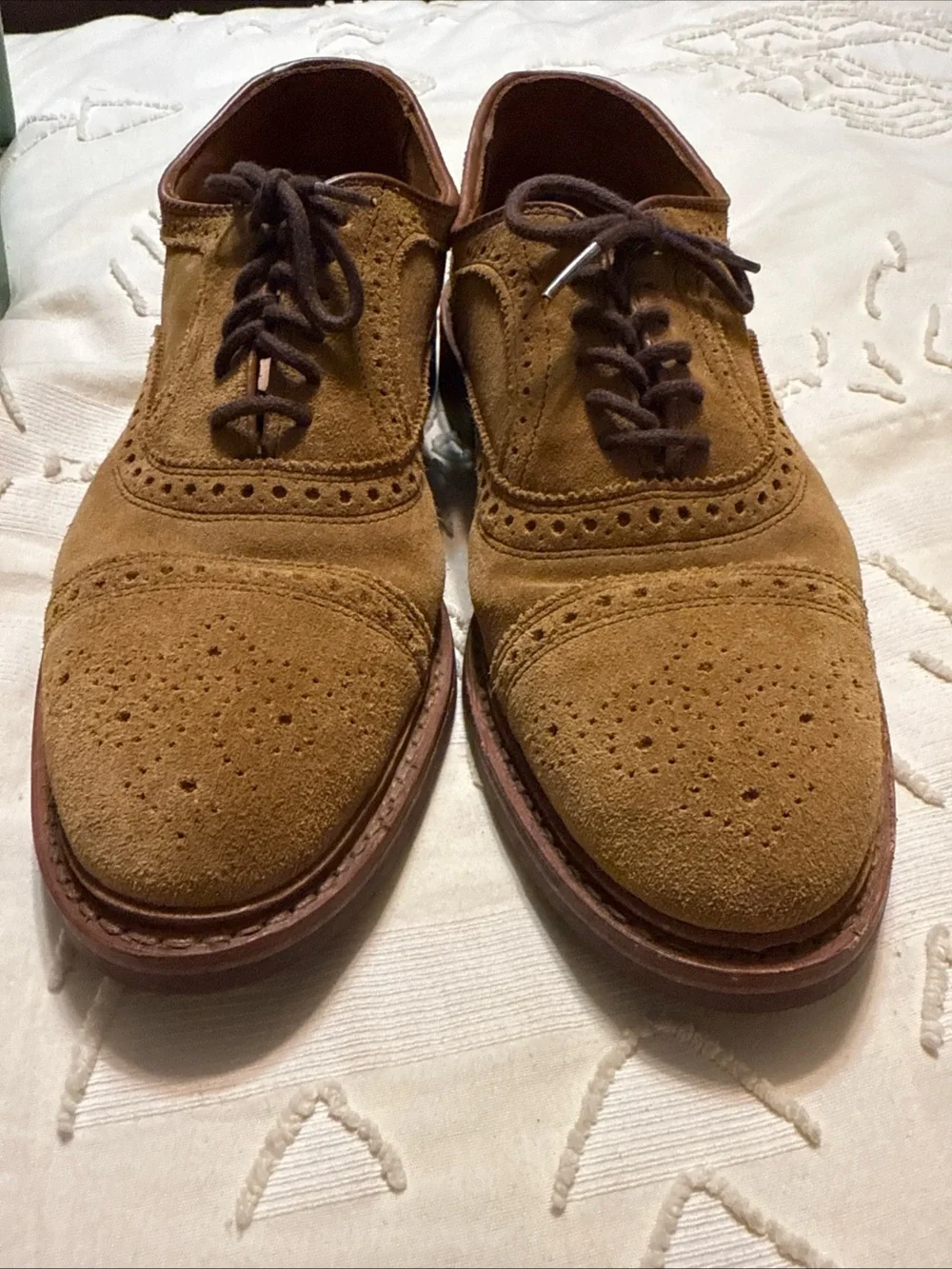 Allen Edmonds Tan Suede Wingtip Derbys with Brown Laces